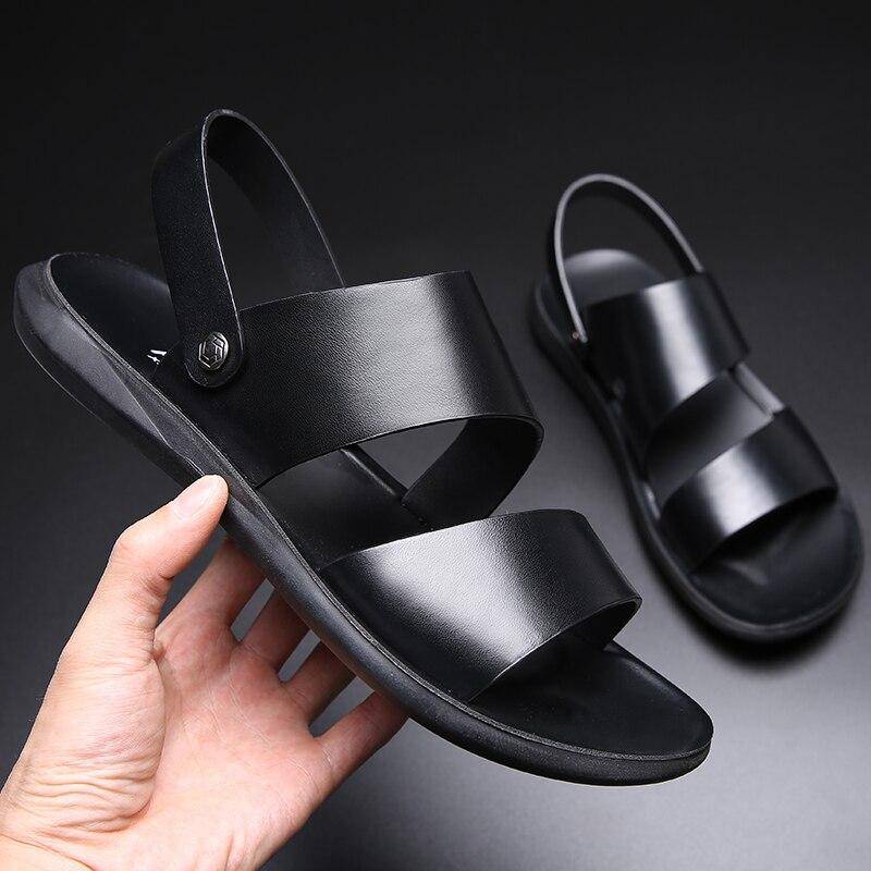 Sandalen Männer Leder 2022 Mode Vintage Männer Schuhe hohe qualität Weichen komfort Casual Wohnungen Sommer Strand Hausschuhe 44 schwarz von Joom DACH