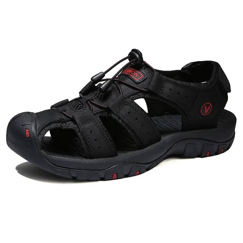 Sandalen für Herren Sommer Herren Sandalen Outdoor Strand Leder Herrenschuhe Urlaub Klassisch Walking Flach Baotou Atmungsaktive Sandalen Schuhe 39 schwarz von Joom DACH