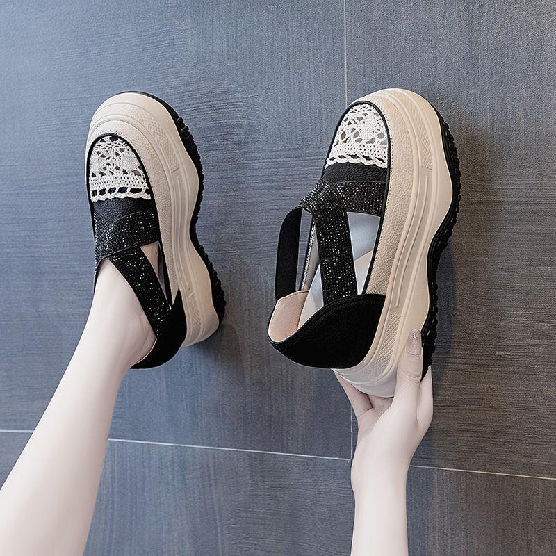 Sandalen mit dicker Unterseite und Zehenkappe für den Sommer, neue Slip-on-Plateauschuhe für Damen, Strass, lässig, All-Match, kleine Fischerschuhe 40 schwarz von Joom DACH