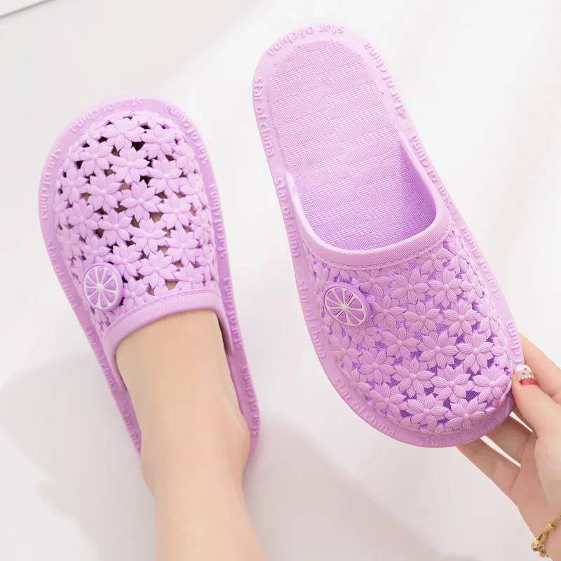 Sandalen und Hausschuhe Damen Sommer Baotou Schuhe mit flachem Boden und Loch für Zuhause, drinnen und draußen, faule Studentenschuhe 41 violett von Joom DACH