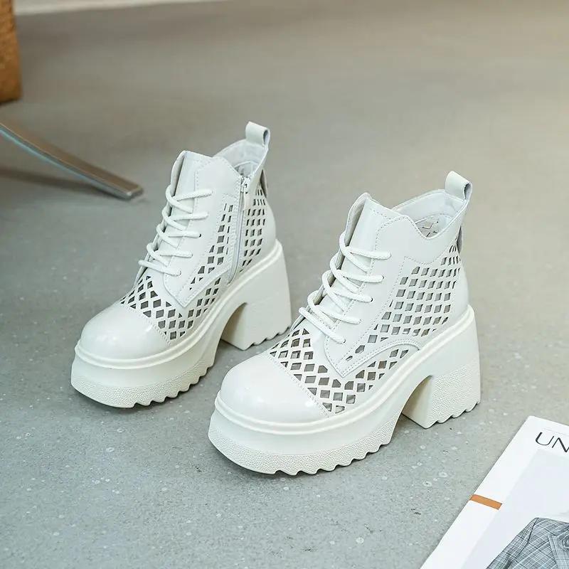 Sandalenstiefel für Damen mit dicken Absätzen und dicken Sohlen 10cm erhöhtes echtes Leder kurze Stiefel hohle Freizeitschuhe zum Schnüren 34 von Joom DACH