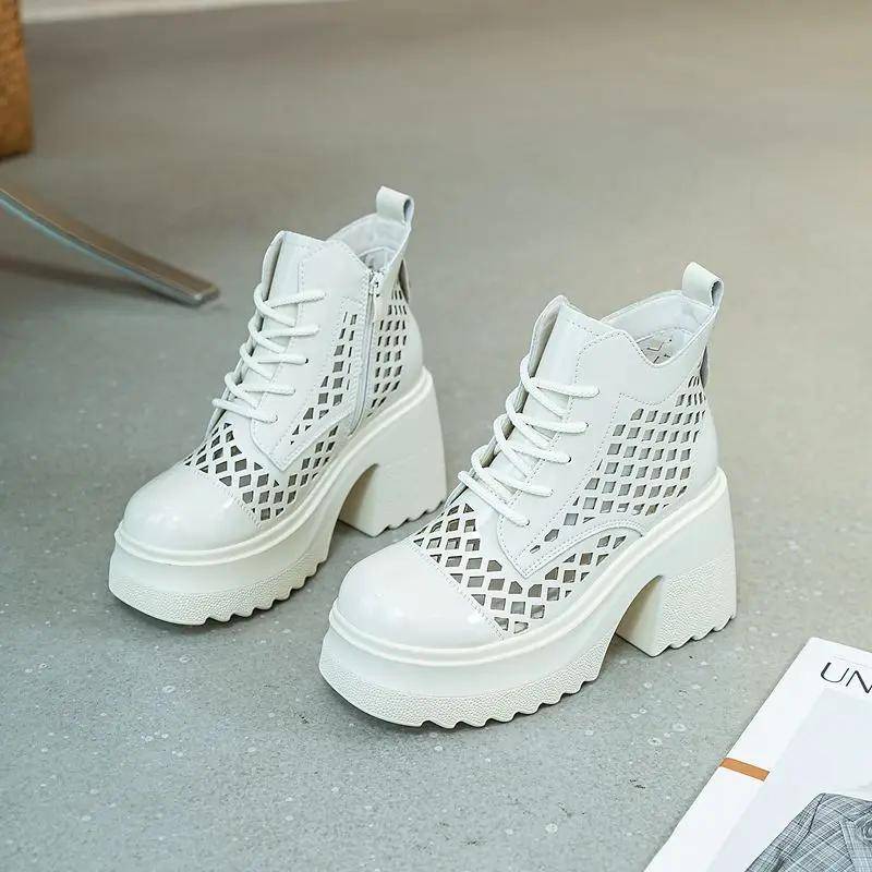 Sandalenstiefel für Damen mit dicken Absätzen und dicken Sohlen 10cm erhöhtes echtes Leder kurze Stiefel hohle Freizeitschuhe zum Schnüren 34 von Joom DACH