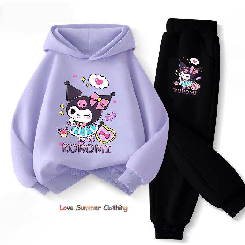 Sanrio Frühling Herbst kuromi Kinderbekleidungssets Cartoon Kuromi Print Mädchen Sweatshirt 2-teiliger Anzug Dünner Kinder Trainingsanzug 130CM von Joom DACH