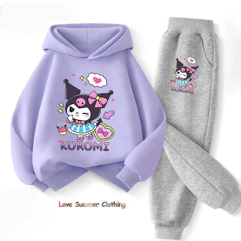 Sanrio Frühling Herbst kuromi Kinderbekleidungssets Cartoon Kuromi Print Mädchen Sweatshirt 2-teiliger Anzug Dünner Kinder Trainingsanzug 140CM von Joom DACH