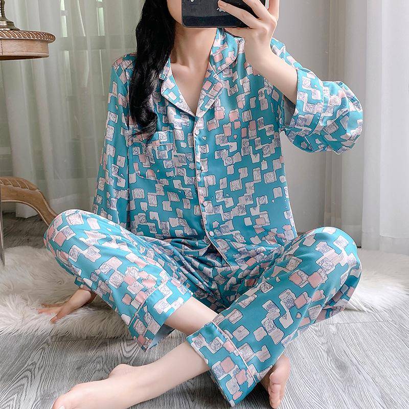 Satin Bedrucktes Pyjama-Set Intime Dessous Lange Ärmel Revers Homewear Nachtwäsche Weibliche Frühling Herbst Nachtwäsche Loungewear XL blau von Joom DACH