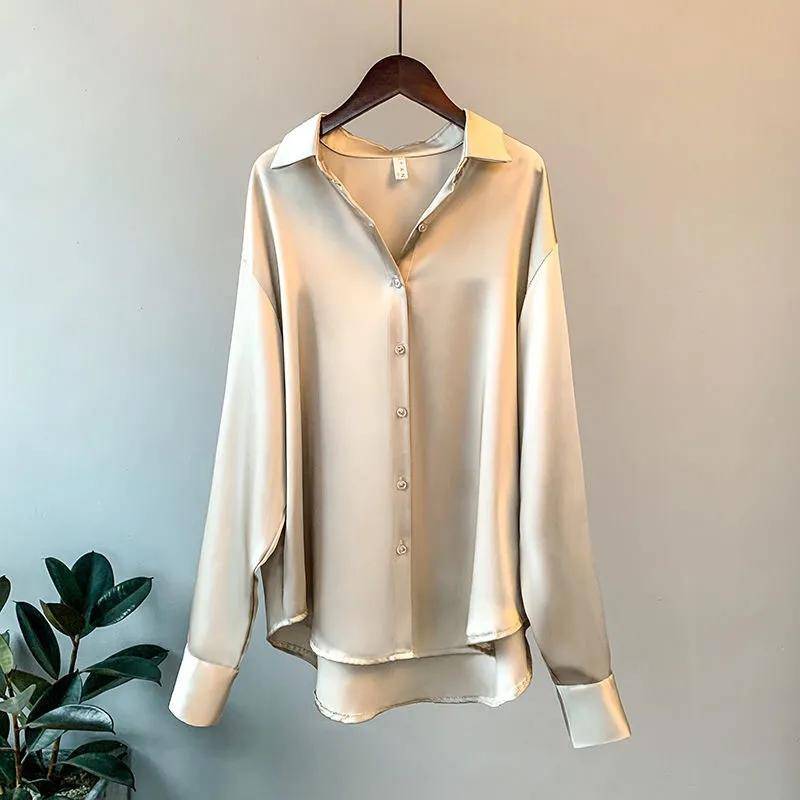 Satin Hemd Damen Bluse Frühling Herbst Tops Frauen Kleidung Button Up Langarm Solide Lose Shirts M grün von Joom DACH