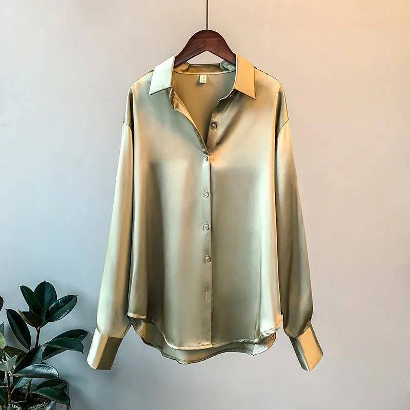 Satin Hemd Damen Bluse Frühling Herbst Tops Frauen Kleidung Button Up Langarm Solide Lose Shirts S grün von Joom DACH