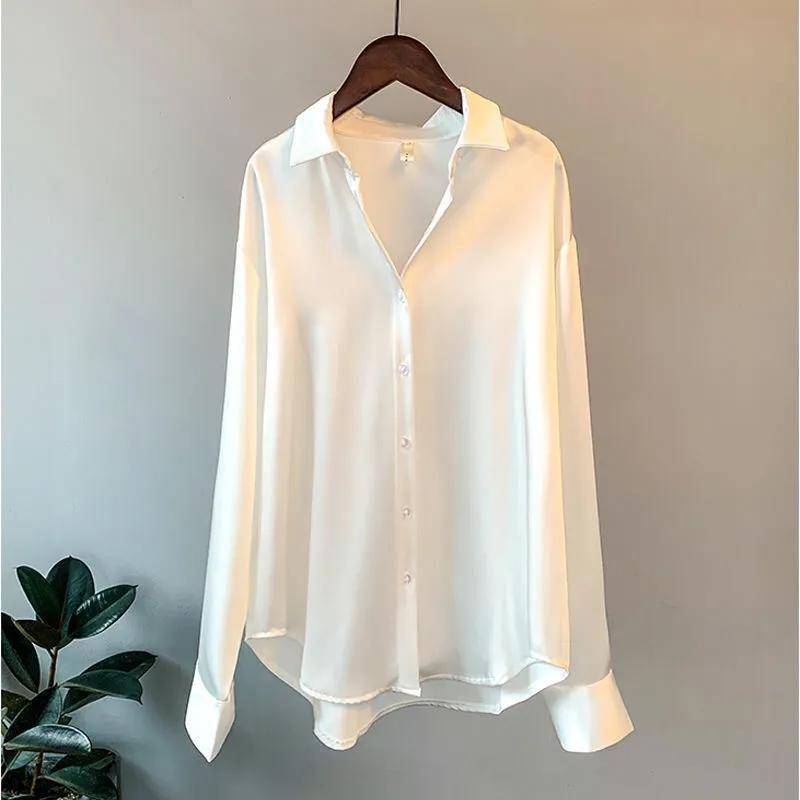 Satin Hemd Damen Bluse Frühling Herbst Tops Frauen Kleidung Button Up Langarm Solide Lose Shirts XL weiß von Joom DACH