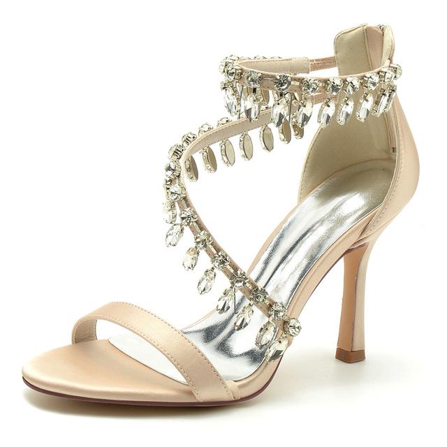 Satin Stoff Perle Strass Kette Frauen Sandalen Hochzeit Braut Kristall 8,5 cm High Heel Schuhe 41 42 43 Größe Reißverschluss Frau Schuhe 38 von Joom DACH