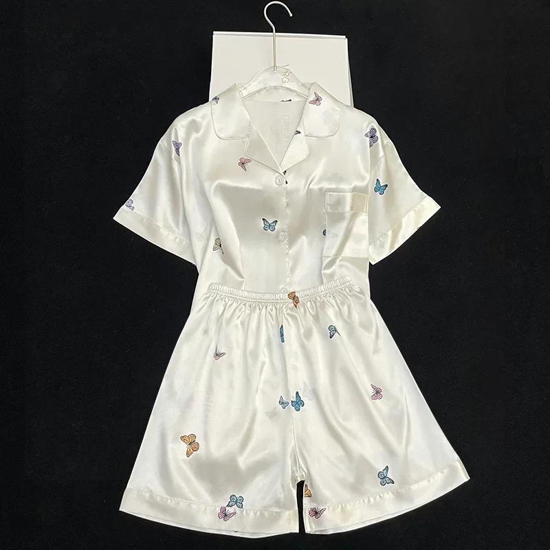 Satinseiden-Pyjama für Damen Neu Frühling und Sommer Kurzarmshorts Schmetterlingsdruck Homewear Pyjama Mädchen-Pyjama 2XL von Joom DACH