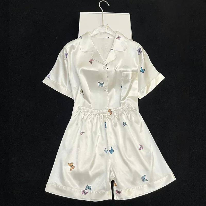 Satinseiden-Pyjama für Damen Neu Frühling und Sommer Kurzarmshorts Schmetterlingsdruck Homewear Pyjama Mädchen-Pyjama 2XL von Joom DACH