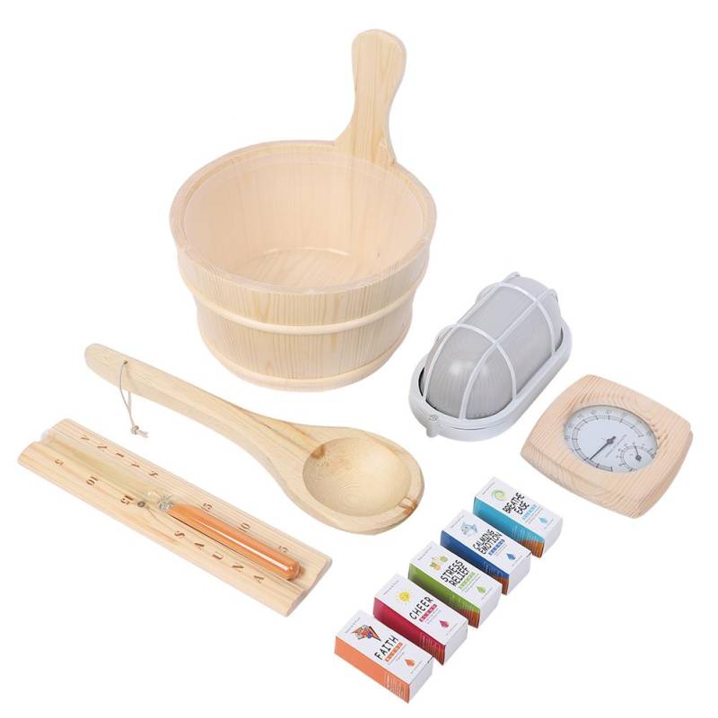 Saunaraum Holzfass Löffel Explosionsgeschützte Lampe Sanduhr Hygrothermograph Ätherisches Öl Set von Joom DACH