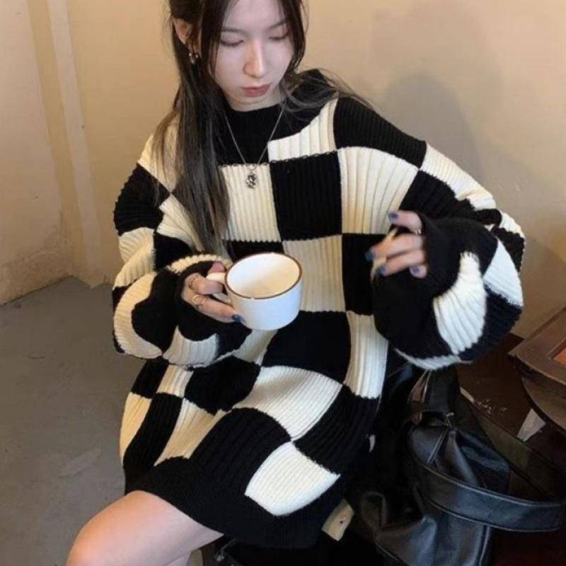 Schachbrettpullover Damen Herbst Winter Top Retro Strickpullover Mode Lässig Lose Pullover one size schwarz von Joom DACH
