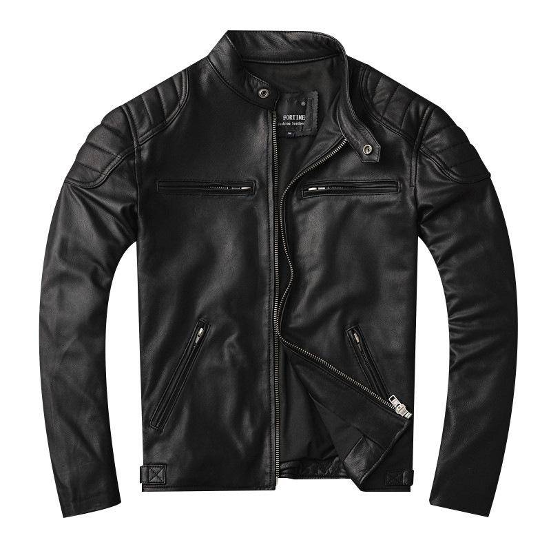 Schaffell echtes Leder Herren Motorrad Stehkragen kurze Lederjacke Frühling und Herbst Jacke S von Joom DACH