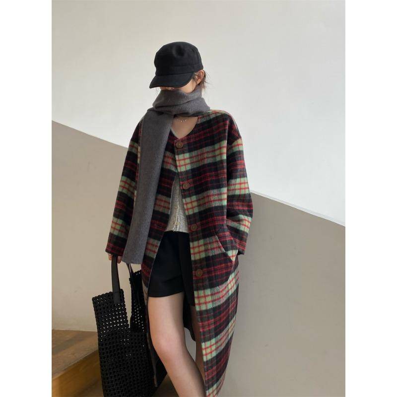 Schal Kragen Karomuster Doppelseitiger Wollmantel Lang Wendbar Karomuster Mantel Damen Herbst und Winter Neuer Stil M von Joom DACH