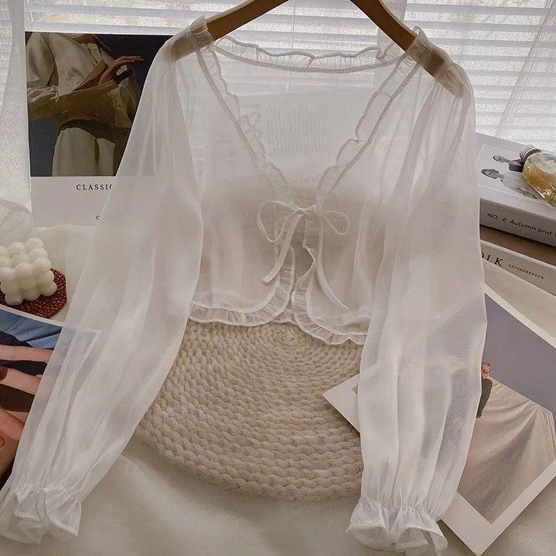 Schal mit Camisole-Rock und Überwurf, Chiffon-Cardigan, Damen Sommer Studenten Sonnenschutzjacke, Kurzer Stil S weiß von Joom DACH