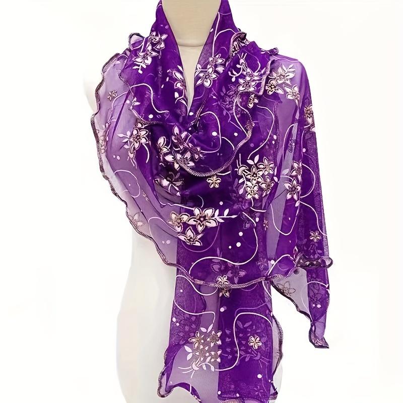 Schal mit Rüschen und Blumenstickerei, elegant, einfarbig, atmungsaktiv, Schal für Damen, Kopftuch, winddicht, Hijab, Turban, Reise-/Strandtuch dunkelviolette von Joom DACH