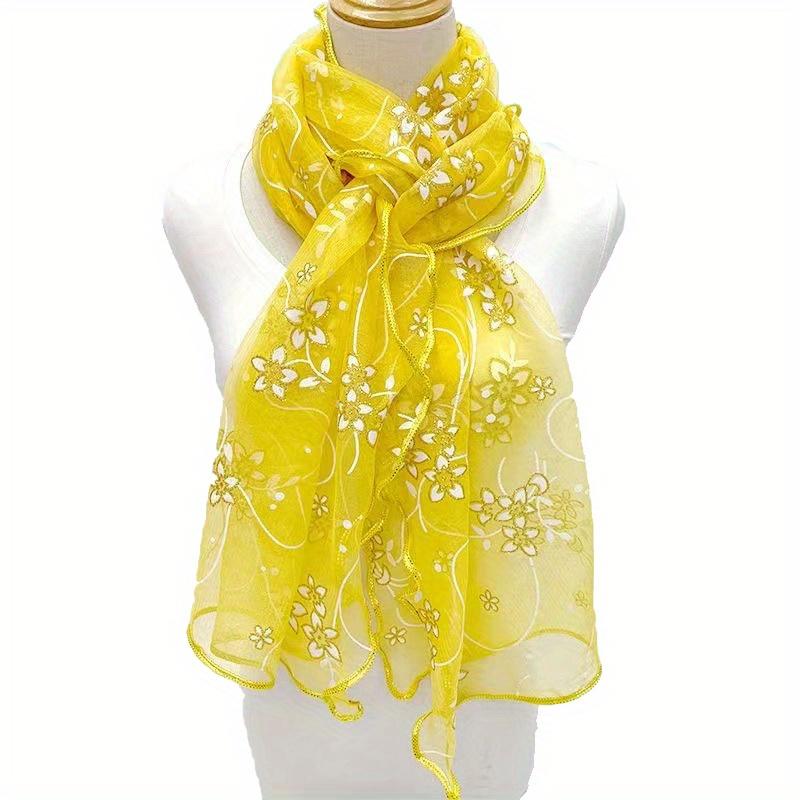 Schal mit Rüschen und Blumenstickerei, elegant, einfarbig, atmungsaktiv, Schal für Damen, Kopftuch, winddicht, Hijab, Turban, Reise-/Strandtuch gelb von Joom DACH