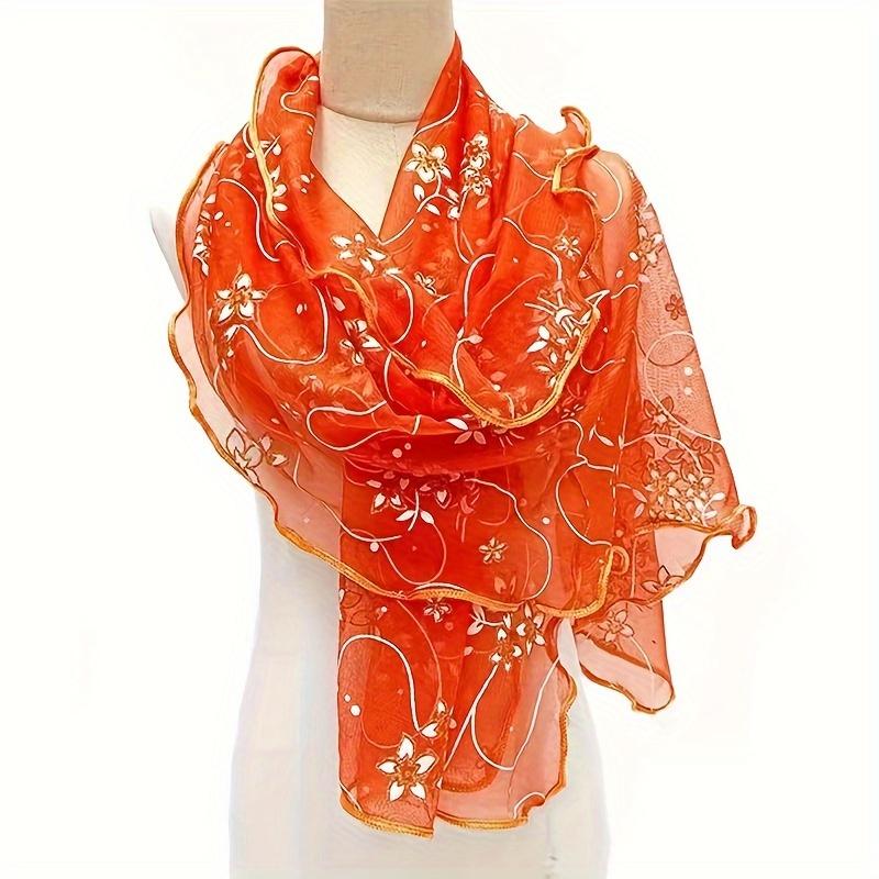 Schal mit Rüschen und Blumenstickerei, elegant, einfarbig, atmungsaktiv, Schal für Damen, Kopftuch, winddicht, Hijab, Turban, Reise-/Strandtuch orange von Joom DACH