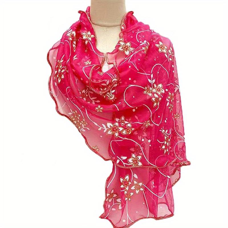 Schal mit Rüschen und Blumenstickerei, elegant, einfarbig, atmungsaktiv, Schal für Damen, Kopftuch, winddicht, Hijab, Turban, Reise-/Strandtuch rose rot von Joom DACH