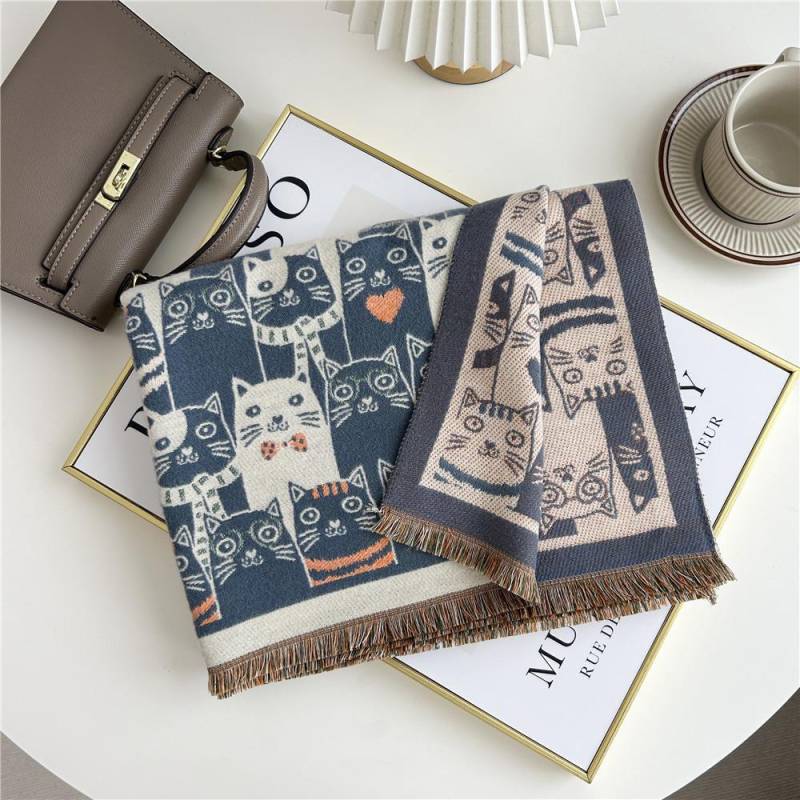 Schal und Halstuch mit Kaschmir-Feeling und Cartoon-Katze für Damen – Herbst/Winter, doppelt verwendbar Lake Blue see-blaue von Joom DACH