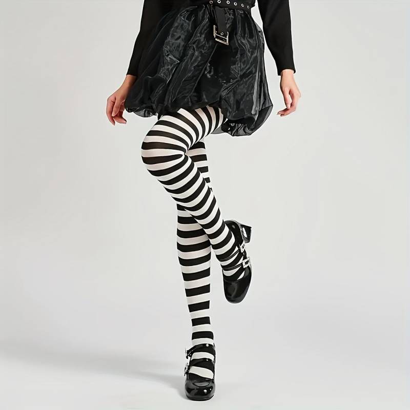 Schicke schwarz-weiß gestreifte Strumpfhose für Damen - Schlankmachend, vielseitige Strumpfhose mit hoher Taille, Nylon-Elasthan-Mischung, handwaschbar, verspielt Asian One-size von Joom DACH