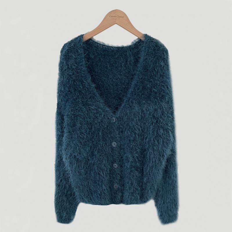 Schicker koreanischer Cardigan-Pullover mit V-Ausschnitt und langen Ärmeln aus Kunstnerz für Damen One Size navy blau von Joom DACH