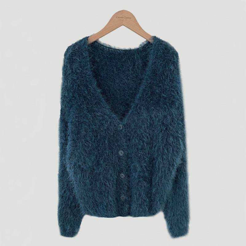 Schicker koreanischer Cardigan-Pullover mit V-Ausschnitt und langen Ärmeln aus Kunstnerz für Damen One Size navy blau von Joom DACH