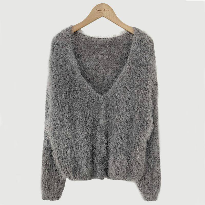 Schicker koreanischer Cardigan-Pullover mit V-Ausschnitt und langen Ärmeln aus Kunstnerz für Damen One Size von Joom DACH