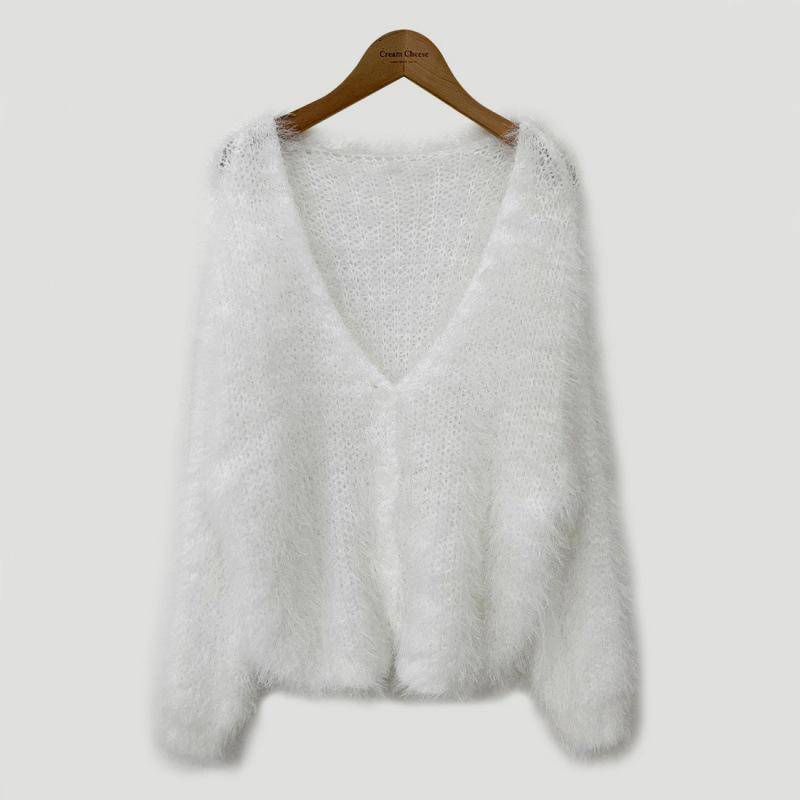 Schicker koreanischer Cardigan-Pullover mit V-Ausschnitt und langen Ärmeln aus Kunstnerz für Damen One Size von Joom DACH