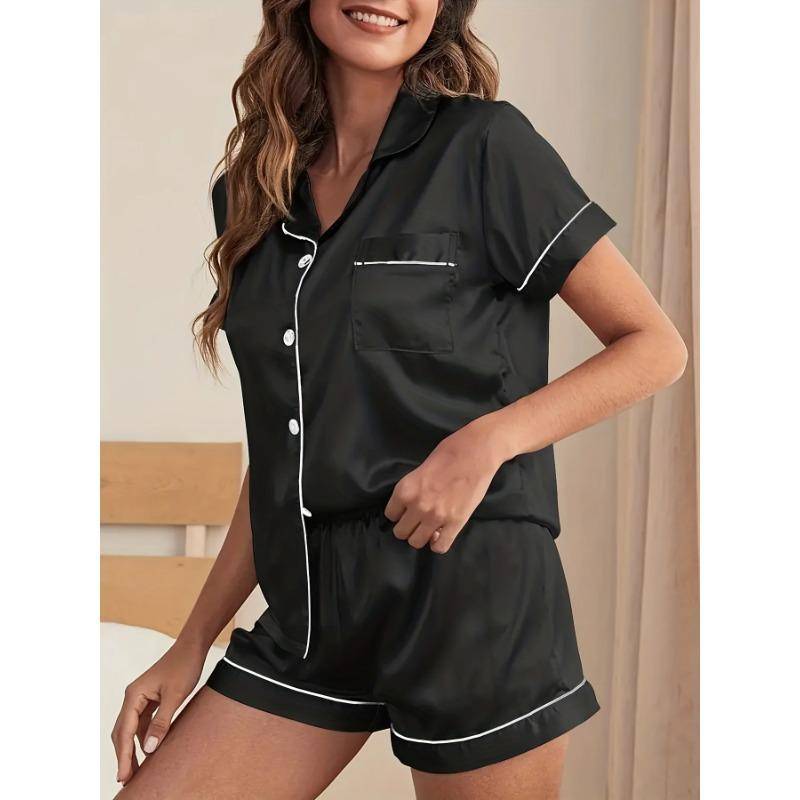 Schickes Faux-Seiden-Pyjama-Set für Damen Kurzärmeliges Knopfleisten-Oberteil & Bequeme Shorts mit Elastischem Bund Ideal zum Loungen Schlafen XXL von Joom DACH
