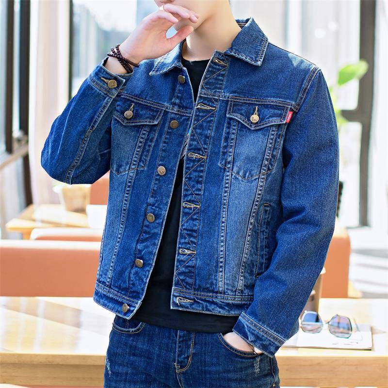 Schlanke, kurze Jeansjacke für Herren, Hip-Hop-Straßenjacke, zerrissene Jeansjacken, Reverskragen, einreihige Cowboymäntel 3XL denim-blau von Joom DACH