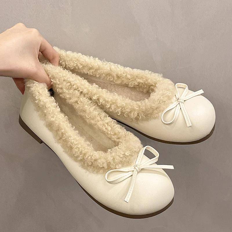Schleife Flache Damen Ballerinas Tanzschuhe Fell Kurzer Plüsch Schnallenschuhe 2025 Trend Designer Elegant Kleid Winter Chaussures Dame 37 beige von Joom DACH