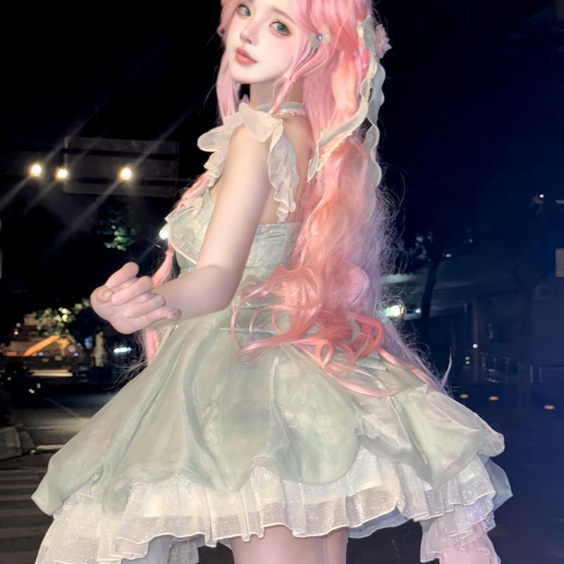 Schleifenkleider Waldgarten JK Lolita Prinzessinnenkleid Rückenfrei Mädchen Süße Blütenknospe Kurzer Rock Leicht Eckiger Ausschnitt Flauschig XL grün von Joom DACH