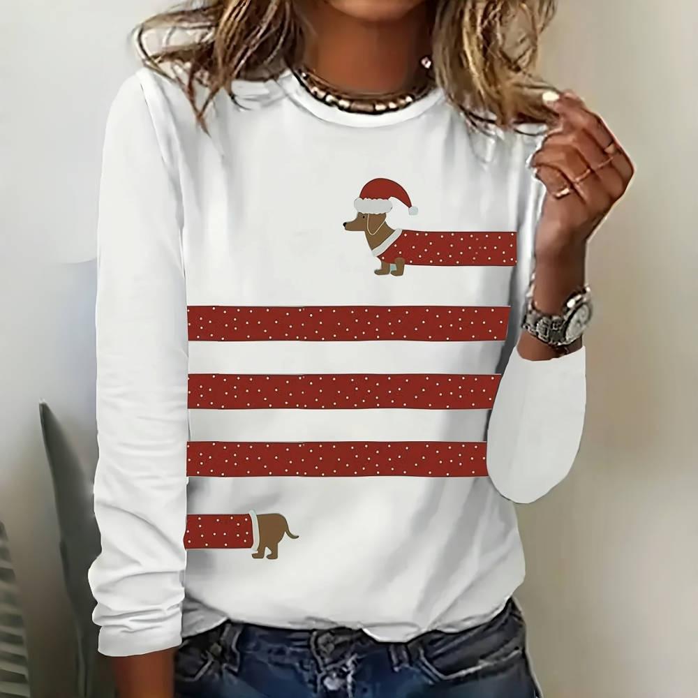 Schlichte gestreifte Damen-T-Shirts mit lustigem Dackel-Print, langärmeliges T-Shirt, Designer-Damenbekleidung, Pullover, Herbstoberteile M von Joom DACH