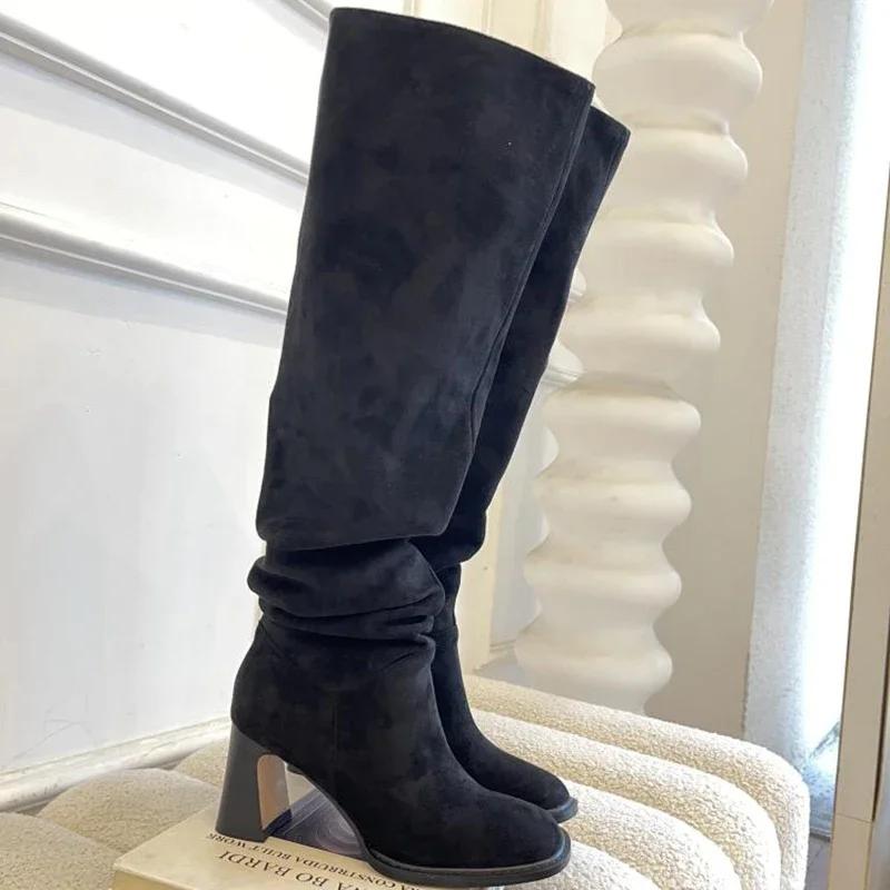 Schlupf Damen Western Kniehohe Stiefel Mode Plissiert Nähen Pumps Herbst Winter Dicker Absatz Damen Moderne Lange Stiefeletten 36 schwarz von Joom DACH