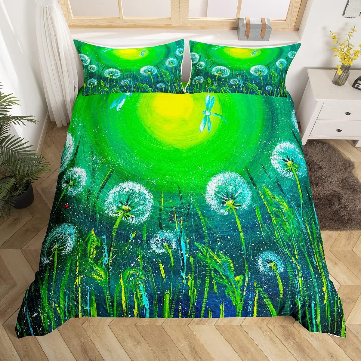 Schmetterling Libellen Bettbezug Set Löwenzahn Bettwäsche Set Libelle Geschenk für Frauen Mädchen,Blumen Botanisch Unkraut Bettdeckenbezug EU single(135x200cm) von Joom DACH