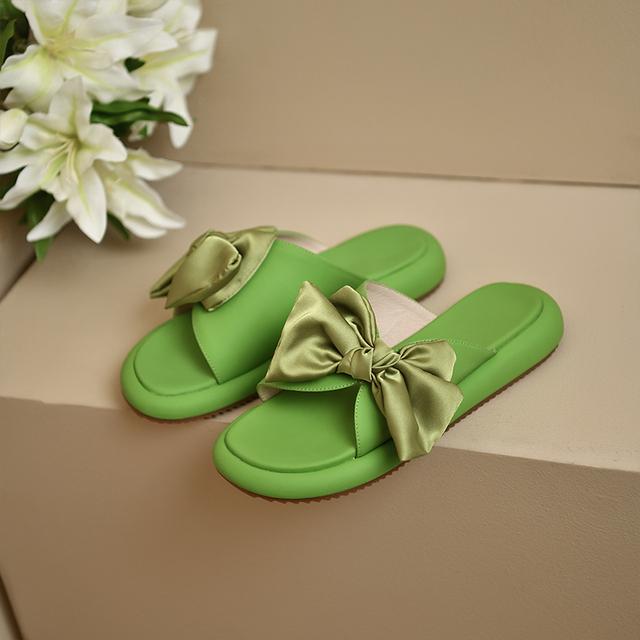 Schmetterlingsknoten Damen Leder Hausschuhe Outdoor Flache Strandsandalen Sommer Neu Lässige Komfortschuhe Rutschfeste Damen Plateau Pantoletten 35 grün von Joom DACH