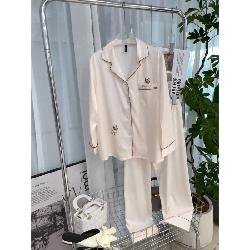 Schmetterlingstaschen-Design, schlichter Damen-Pyjama, Fischgrätenmuster, Pyjama-Set aus Eisseide, Satin-Pyjama L von Joom DACH