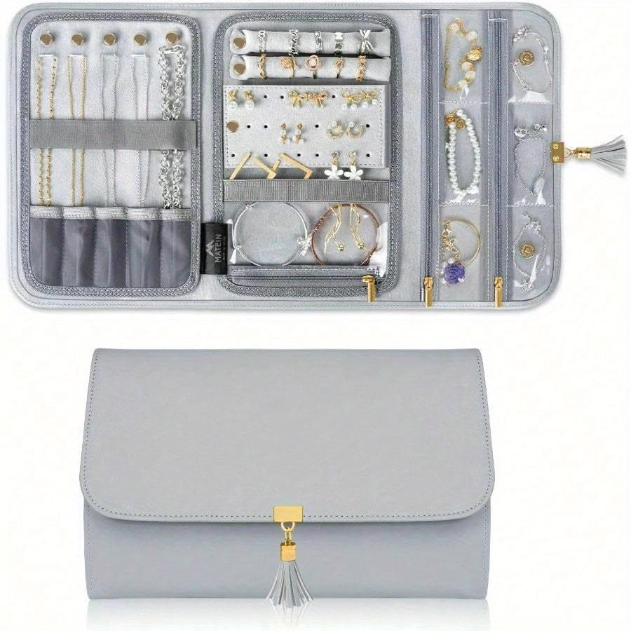 Schmuck Reise Organizer für Damen, Verwicklungsfreier Tragbarer Leder Schmuck Aufbewahrungs Rollbeutel Umschlag Clutch, Wasserdicht Leichter Schmuckkoffer Halter grau von Joom DACH