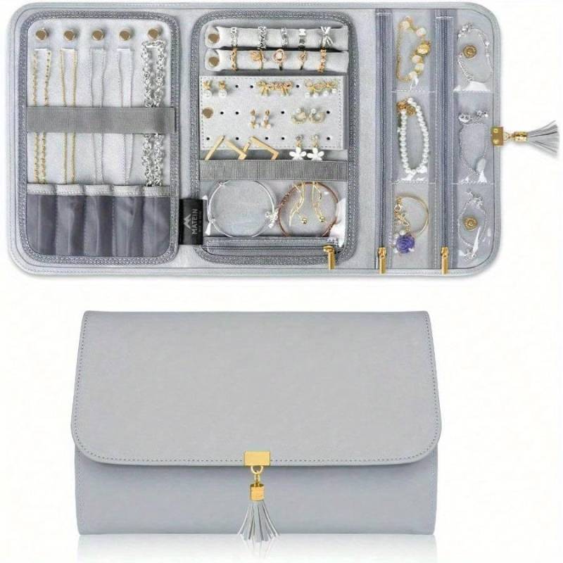 Schmuck Reise Organizer für Damen, Verwicklungsfreier Tragbarer Leder Schmuck Aufbewahrungs Rollbeutel Umschlag Clutch, Wasserdicht Leichter Schmuckkoffer Halter grau von Joom DACH