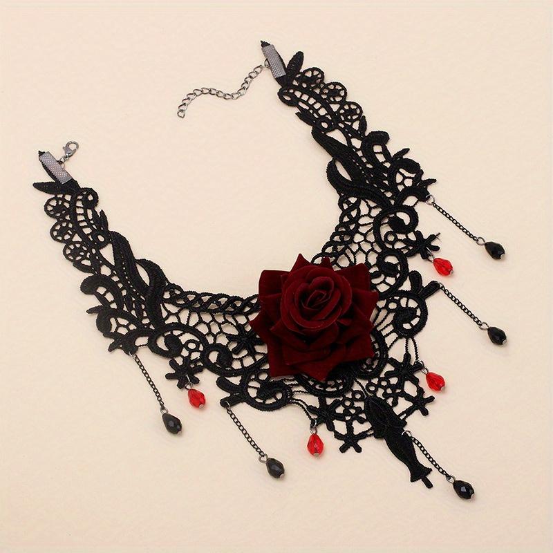 [Schmuck mit roten Rosen ohne Plattierung] Damen Halskette im Dark Punk Stil mit Spitze und Blumen, Gothic Vintage Choker mit roten Rosen, Ganzjährig, für Alltag & Party von Joom DACH