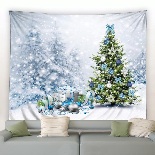 Schneemann Weihnachten Wandteppich Winter Kiefer Baum Schneeflocke Vögel Wald Park Landschaft Weihnachten Wandbehang Home Wohnzimmer Dekor Wandbild 95x75cm von Joom DACH