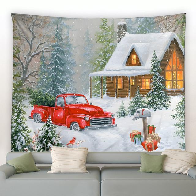 Schneemann Weihnachten Wandteppich Winter Kiefer Baum Schneeflocke Vögel Wald Park Landschaft Weihnachten Wandbehang Home Wohnzimmer Dekor Wandbild 95x75cm von Joom DACH