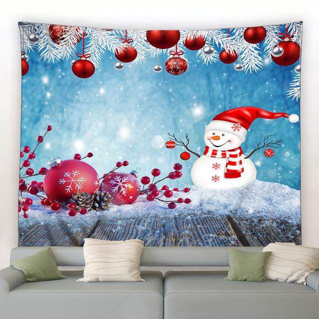 Schneemann Weihnachten Wandteppich Winter Kiefer Baum Schneeflocke Vögel Wald Park Landschaft Weihnachten Wandbehang Home Wohnzimmer Dekor Wandbild 95x75cm von Joom DACH