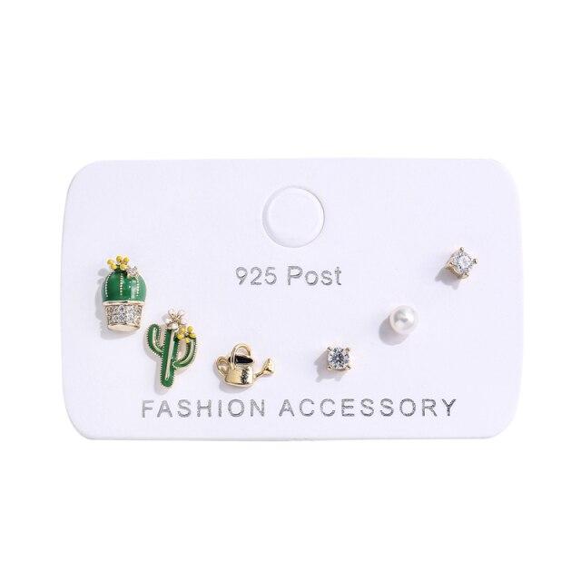 Schöne Kaktus Topf Perle Zirkon Ohrstecker Set für Frauen geometrische 6-teilige Ohrringe Set Schmuck Geschenke von Joom DACH