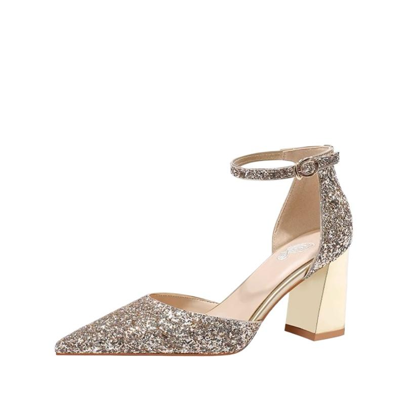 Schuhe Damen Knöchelschnalle Riemen Damen High Heels Mode Kleid Pumps Damen Bling Spitz Zehenbereich Flach Klobige Absätze Sandale 39 rose gold von Joom DACH