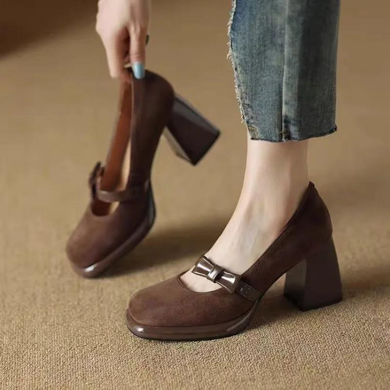 Schuhe Damen Mary Janes Damen High Heels Fashion Dress Pumps Damen Solid Round Toe Chunky Heels Slip on Schuhe Damen 39 braun von Joom DACH