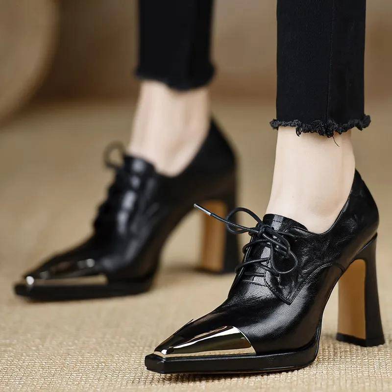 Schuhe Damen Schnürschuhe Echtleder High Heel Pumps Damen Low Top Metall Spitze Zehen Hochzeitsparty Stiefeletten Freizeitschuhe 36 schwarz von Joom DACH