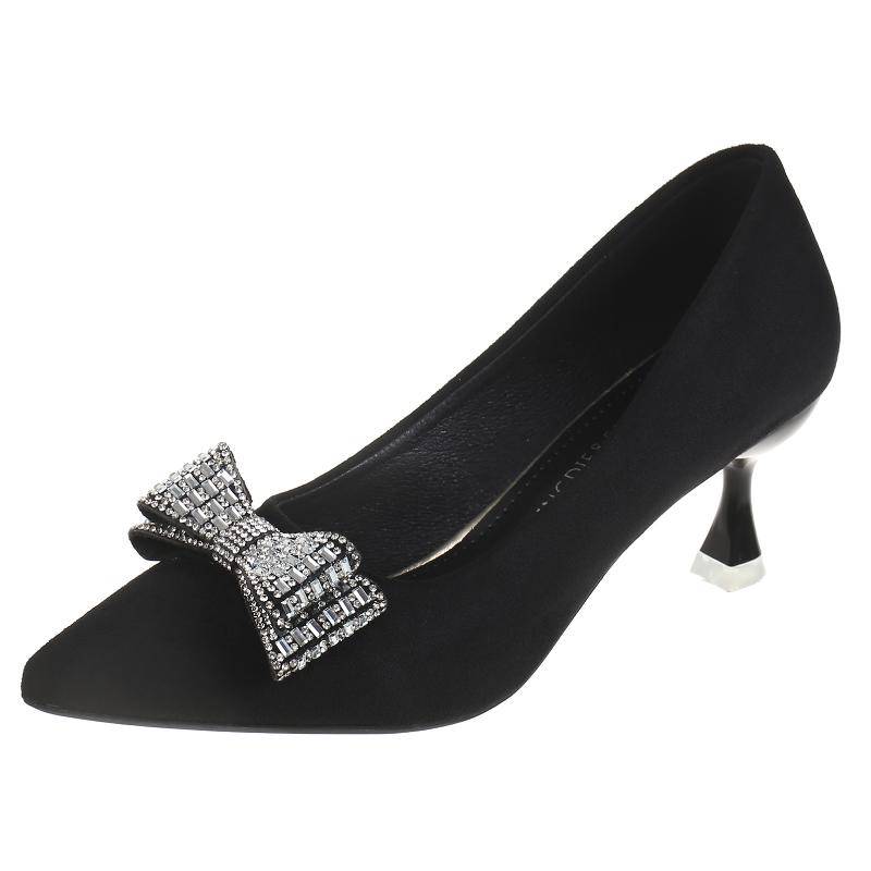 Schuhe für Damen Frühling Slipper Damenpumps Einfarbig Spitz Zehenbereich Flock Pailletten Flacher Ausschnitt Vollwertige High Heels 40 schwarz von Joom DACH